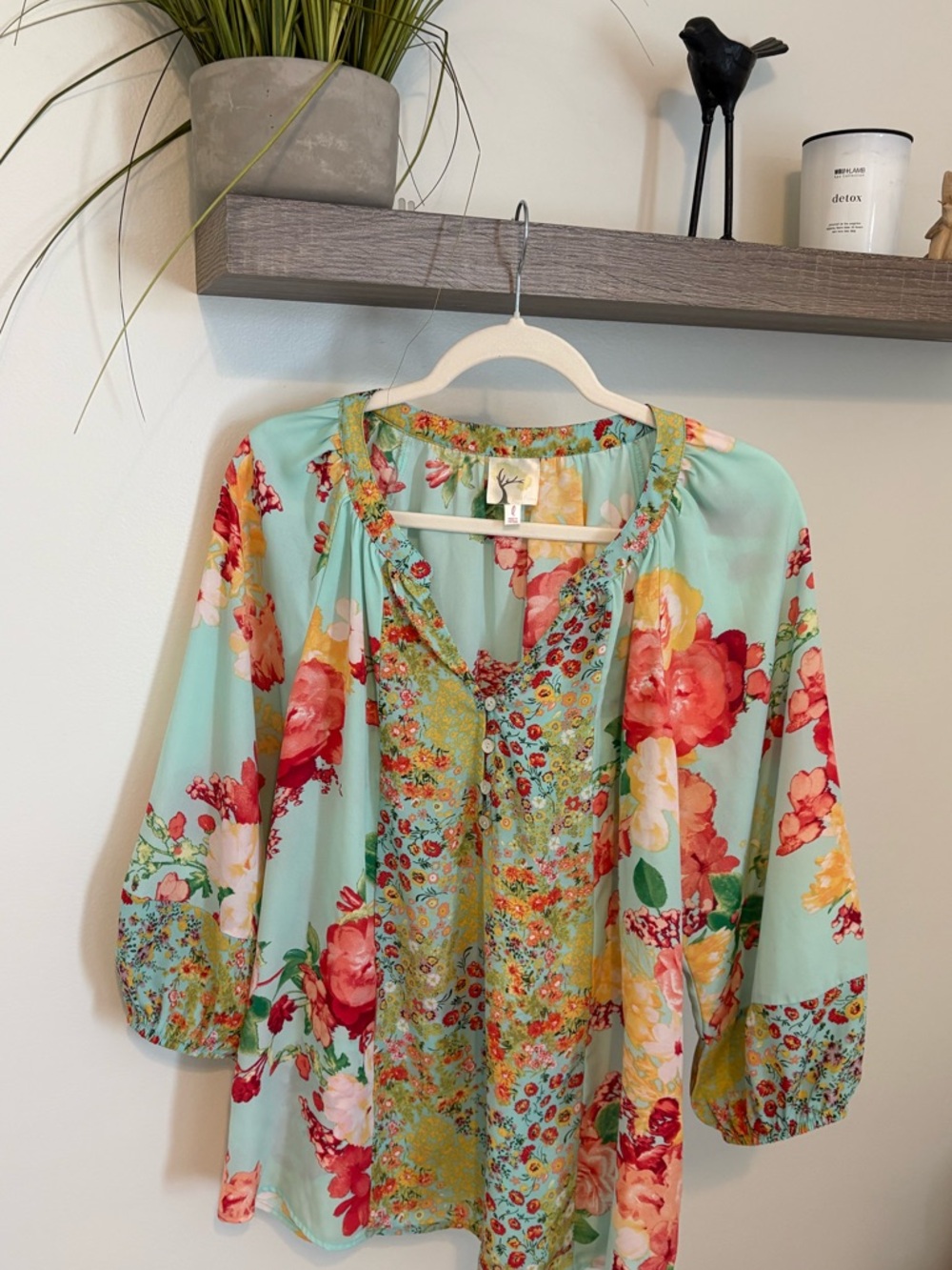 Source Unknown Mint Floral Peasant Blouse with Multicolor Roses large